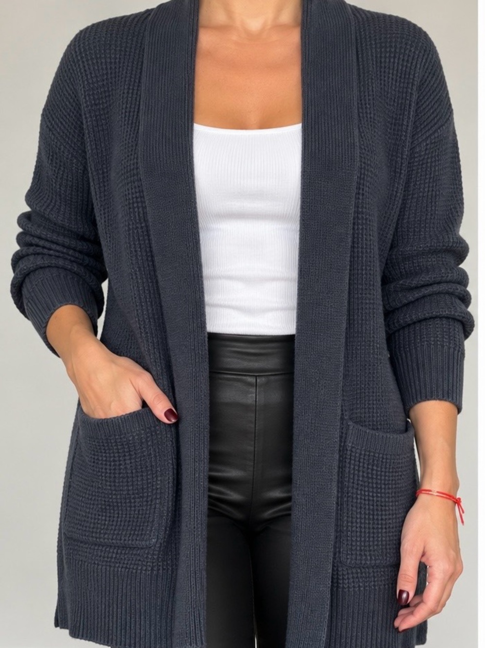 Open-Front Textured Cardigan in Charcoal